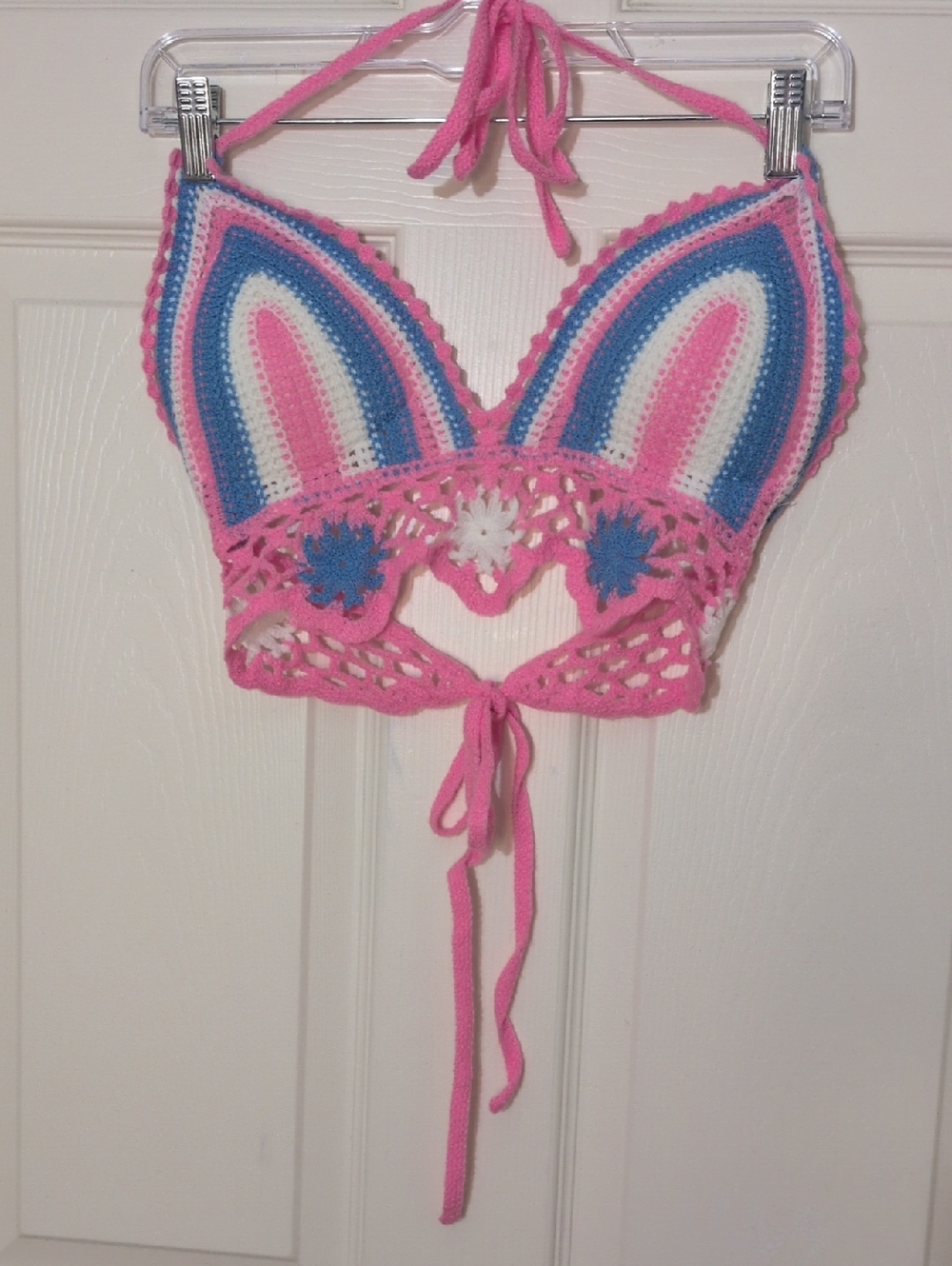 iHeartRaves Pink Crochet Halter with Blue & White Trim, One Size